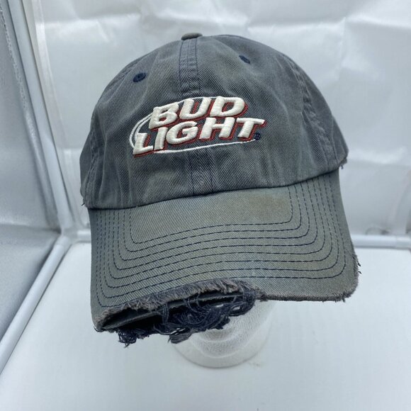 Bud Light Logo Tattered Worn Faded Gray Cap Hat Flex-Fit Stretch OSFM - Picture 2 of 11